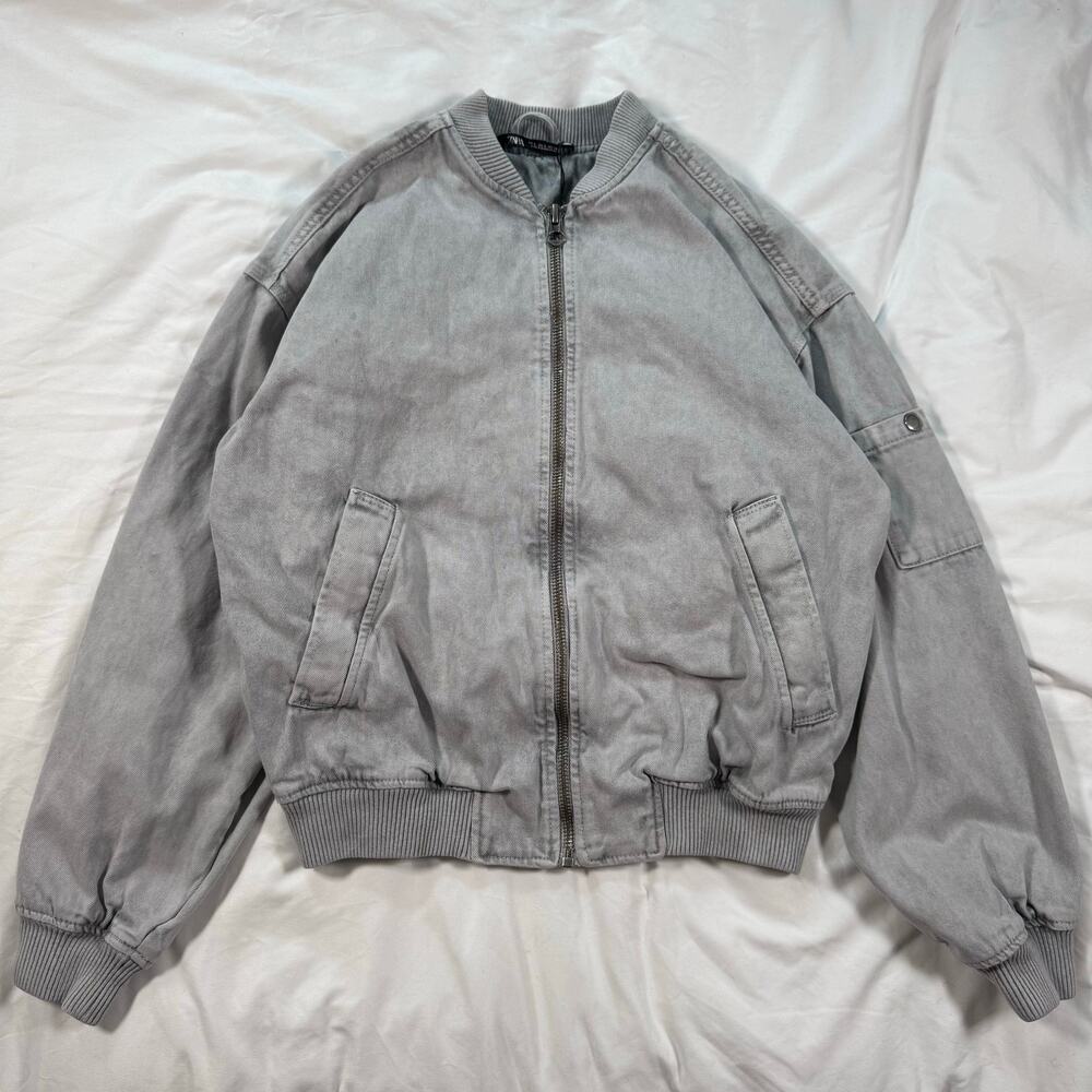 Zara Mens Gray Denim Bomber Jacket 100% cotton Size Small